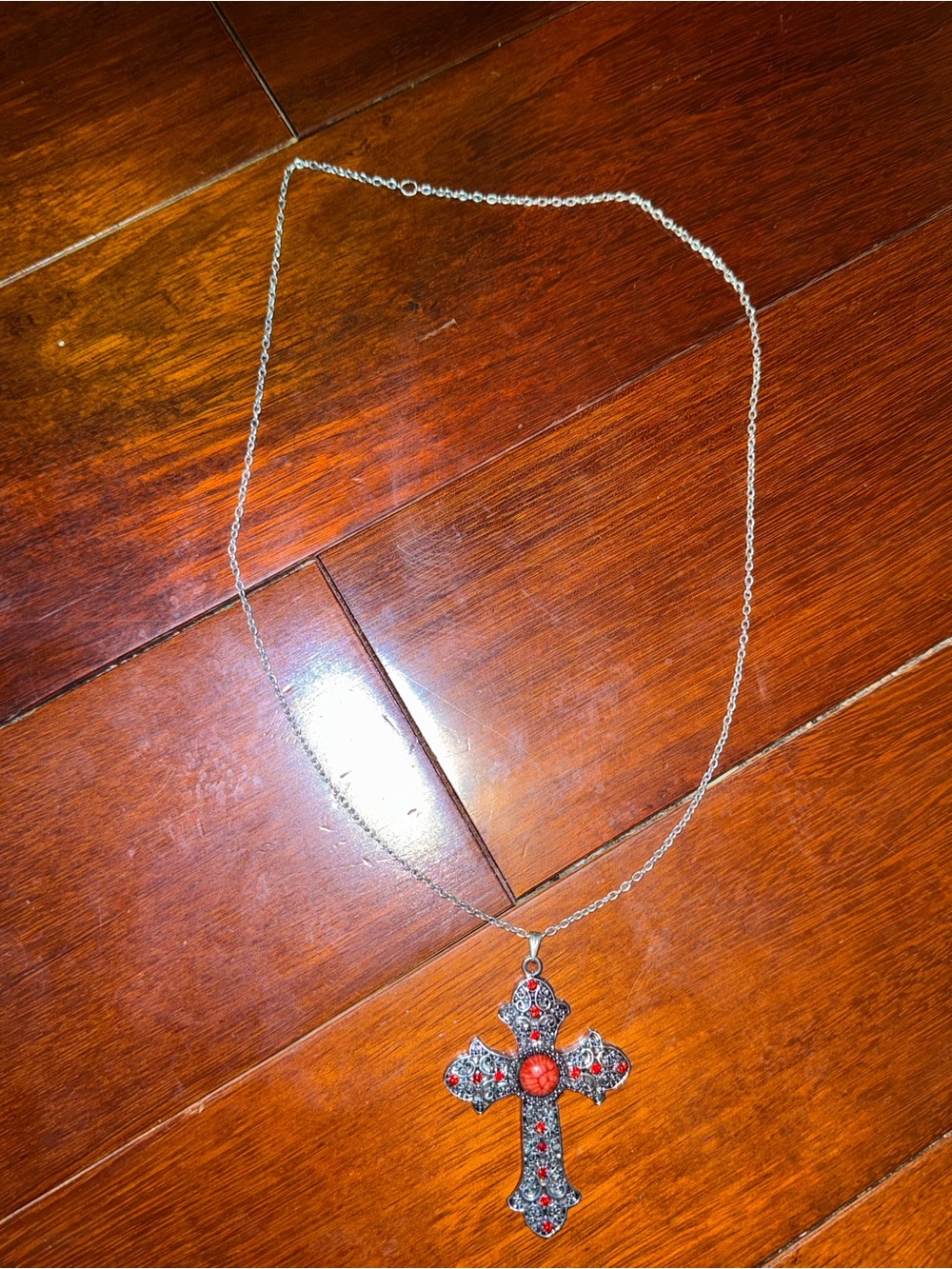 Silver Cross Pendant Necklace with Red Gem Accents